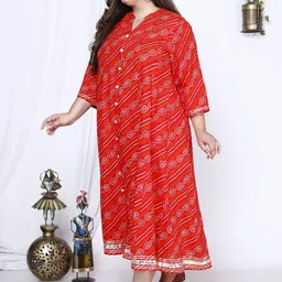 KALINI Plus Size Ethnic Motifs Printed Mandarin Collar A-Line Dress image 4