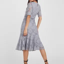 Styli Grey Lace-Up Self Design Mock Neck A-Line Midi Dress image 3