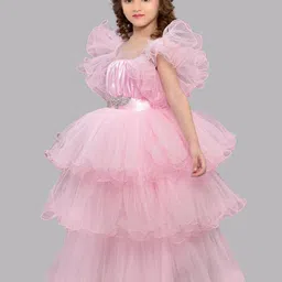 Pink Chick Flutter Sleeves Layered Net Maxi Dress image 3