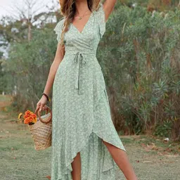 StyleCast Green Print Flutter Sleeve Wrap Dress image 4