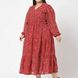 plusS Plus Size Orange & Black Abstract Printed V-Neck Puff Sleeves Fit & Flare Dress image 4
