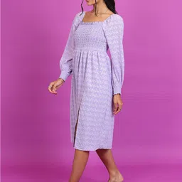Tokyo Talkies Purple Self Design Square Neck Smocked Fit & Flare Midi Dress image 2