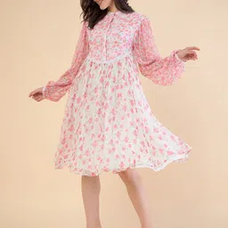 ADORNIA Floral Print Puff Sleeves Chiffon Gathered Or Pleated A-Line Dress image 4