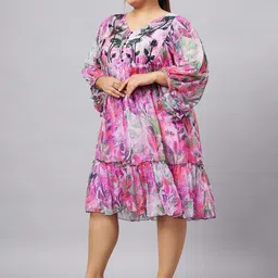 Antheaa Curve Plus Size Floral Printed Puff Sleeves Chiffon Fit and Flare Dress image 4
