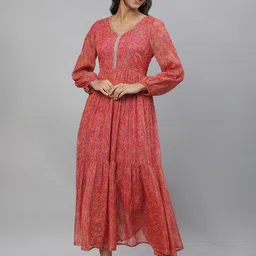 AURELIA Floral Printed Georgette Fit & Flare Tiered Maxi Ethnic Dress image 4