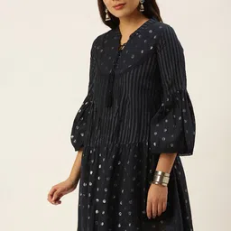 KALINI Geometric Printed Embellished Tie-Up Neck Bell Sleeves A-Line Dress image 2