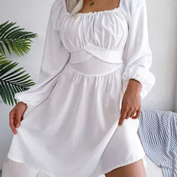 StyleCast White Square Neck Puff Sleeves Chiffon Fit & Flare Dress image 3