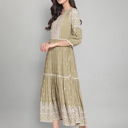 W Green Ethnic Motifs A-Line Midi Dress image 4