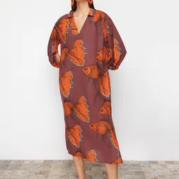 Trendyol Floral Printed Flared Sleeve Cotton A-Line Midi Dress image 5