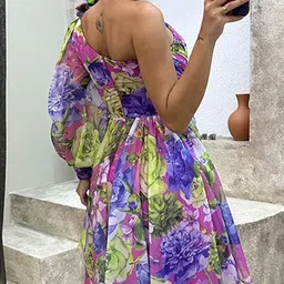 StyleCast Lavender & Green Floral Printed One Shoulder Gathered Fit & Flare Dress image 3