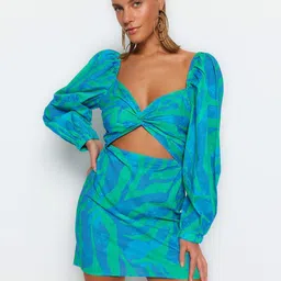 Trendyol Abstract Printed Puff Sleeve Pure Cotton Sheath Mini Dress image 5