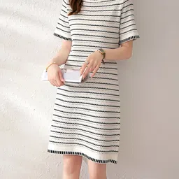 StyleCast White Striped Round Neck A-Line Dress image 4