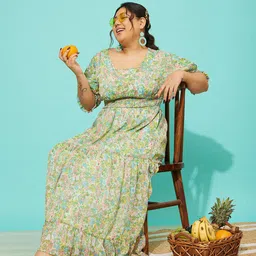 QUIERO MAS Plus Size Floral Printed Cuffed Sleeves Georgette Tiered Maxi Dress image 5