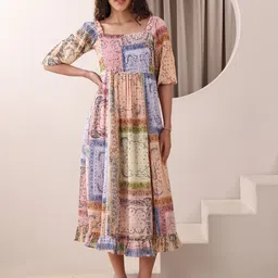 OBSHIVKA Printed Puff Sleeve Ruffled Georgette Fit & Flare Midi Dress image 5