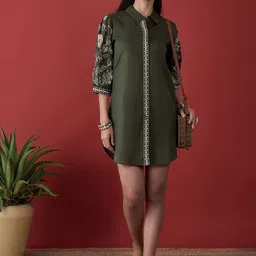 Anouk Olive Green Floral Embroidered Puff Sleeves Shirt Dress-picture-27