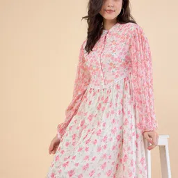 ADORNIA Floral Print Puff Sleeves Chiffon Gathered Or Pleated A-Line Dress image 5