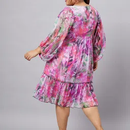 Antheaa Curve Plus Size Floral Printed Puff Sleeves Chiffon Fit and Flare Dress image 5