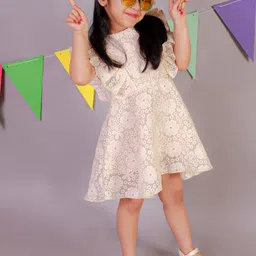 KidsDew Girls Self Designed Flutter Sleeves Ruffled Fit & Flare Dress image 5