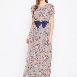 La Zoire Coffee Brown & Blue Floral Georgette Maxi Dress image 5