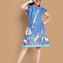 YK Girls Graphic Printed Flutter Sleeves Crepe A-Line Dress image 3