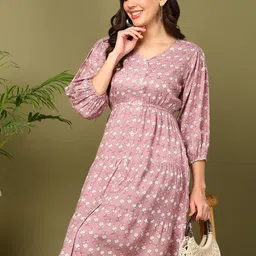 mokshi Peach Floral Printed Bishop Sleeves Empire Dress image 2