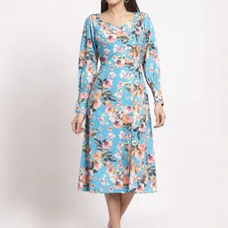 aayu Women Blue & Pink Floral Crepe A-Line Slit Dress image 1