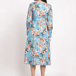 aayu Women Blue & Pink Floral Crepe A-Line Slit Dress image 4