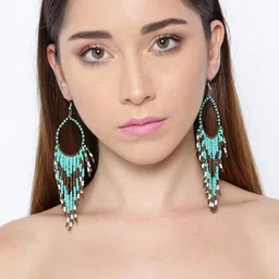 Crunchy Fashion Sea Green & Bronze-Toned Beaded Tasselled Drop Earrings image 3