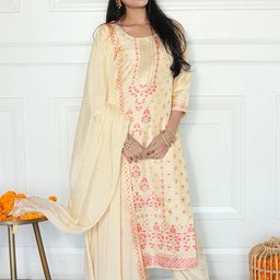 Libas Beige Floral Woven Design Kurta with Trousers & With Dupatta-picture-42
