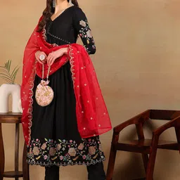 KALINI Floral Embroidered V-Neck Anarkali Kurta with Trousers & With Dupatta image 5