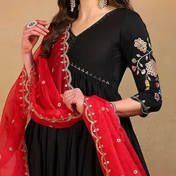 KALINI Floral Embroidered V-Neck Anarkali Kurta with Trousers & With Dupatta image 2