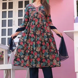 SINGNI V Neck Floral Printed Empire Anarkali Kurta with Trouser & Dupatta image 3