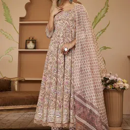 Divena Floral Printed Gotta Patti Pure Cotton Kurta with Trousers & Dupatta image 1