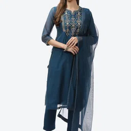 Biba Women Blue Floral Embroidered Kurta with Trousers & With Dupatta image 1