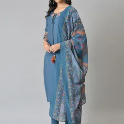W Women Teal Ethnic Motifs Printed Kurta With Dupatta image 5