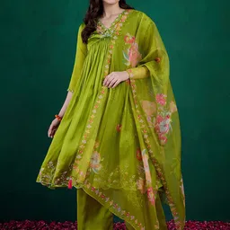 Sangria Floral Embroidered Empire V-Neck A-Line Kurta With Trousers & Dupatta image 2