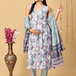 The Mom Store Floral Printed Regular Pure Cotton Maternity Kurta with Pyjamas & Dupatta-picture-15