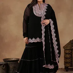 INDDUS PLUS Szie Floral Embroidered Thread Work Kurta With Sharara & Dupatta-picture-22