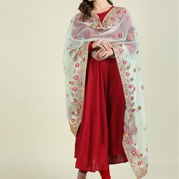 Dupatta Bazaar White & Green Ethnic Motifs Embroidered Organza Dupatta with Thread Work-picture-17