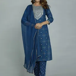 gvs shoppe Women Blue Ethnic Motifs Printed Kurta with Trousers & With Dupatta image 1