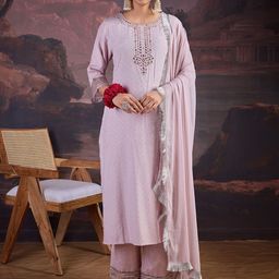 House of Pataudi Embroidered Straight Kurta With Trouser & Dupatta Set-picture-35