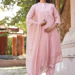 Kesarya Band Collar Chanderi Silk Kurta with Trousers & Dupatta image 1
