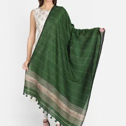 THE WEAVE TRAVELLER Women Green Striped Dupatta image 1