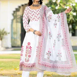 Vishudh White Floral Printed Regular Pure Cotton Kurta With Trousers & Dupatta-picture-25