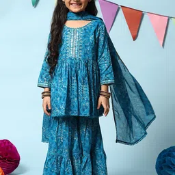 Biba Girls Floral Printed A-Line Pleated Pure Cotton Kurta With Sharara & Dupatta-picture-43