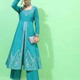 Vishudh Women Teal High Slit Kurti with Trousers-picture-16