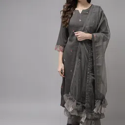 Indo Era Women Charcoal Floral Embroidered Kurta with Palazzos & With Dupatta image 1
