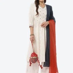 Biba Women White Printed Mirror Work Pure Cotton Kurta with Trousers & Dupatta-picture-23