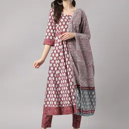 Divena Floral Printed Gotta Patti Anarkali Pure Cotton Kurta with Trousers & Dupatta image 1