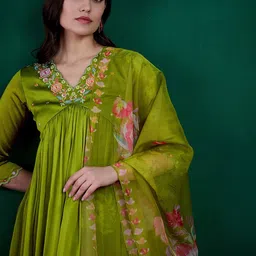Sangria Floral Embroidered Empire V-Neck A-Line Kurta With Trousers & Dupatta image 1